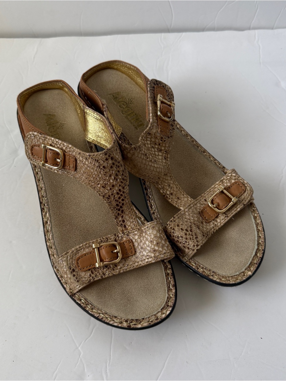Wedge Sandals Gold Snakeskin Leather Comfort Slides Size 39